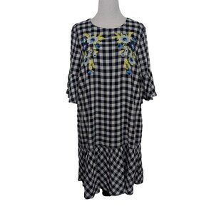 Label by 5 Twelve Dress Womens Size Medium Navy Blue Floral Gingham Check Lined